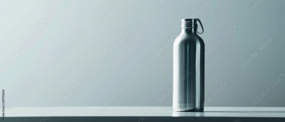 A sleek, silver metal bottle stands upright on a minimalist surface against a gray gradient background, epitomizing modern simplicity and eco-friendly aesthetics.