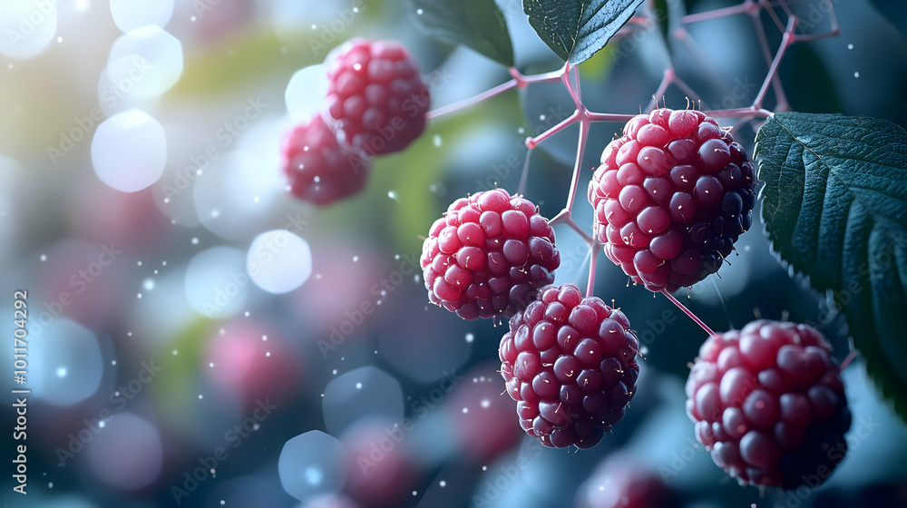Ripe Raspberries on a Branch with Blurred Bokeh Background - Realistic Image Ripe Raspberries on a Branch with Blurred Bokeh Background - Realistic Image