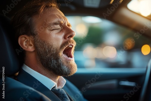 Businessman Yawning While Driving Car, Generative AI photo