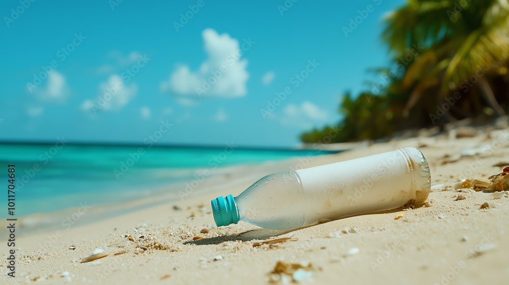 A plastic bottle lies discarded on a pristine beach, highlighting the issue of ocean pollution under a clear blue sky with palm trees in the background. A plastic bottle lies discarded on a pristine beach, highlighting the issue of ocean pollution under a clear blue sky with palm trees in the background.