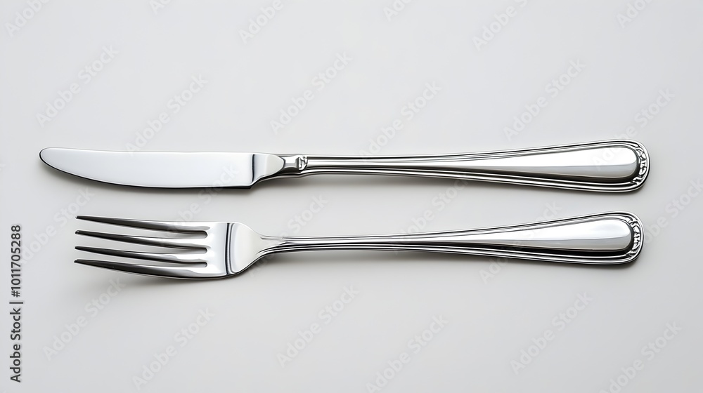Elegant set of chrome or stainless steel cutlery including a fork and knife against a plain white background,showcasing the sleek,minimalist design and materials of the dining utensils. Elegant set of chrome or stainless steel cutlery including a fork and knife against a plain white background,showcasing the sleek,minimalist design and materials of the dining utensils.