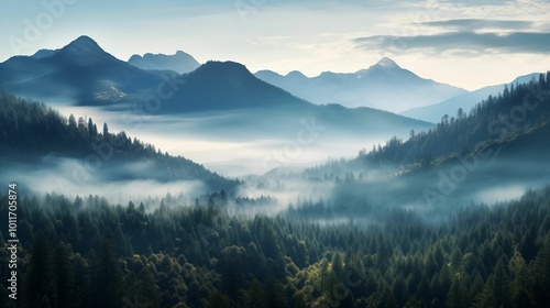 Image of fog enveloping majestic mountains.