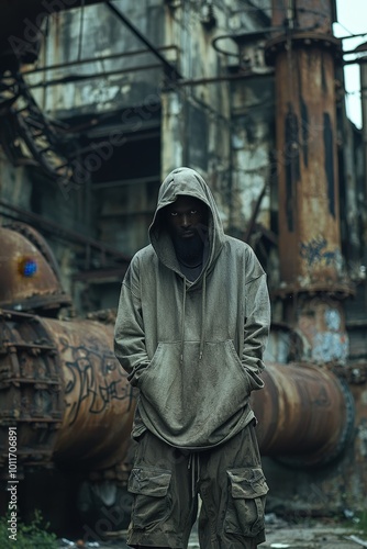 Gritty Urban Exploration - Man in Oversized Hoodie Standing in Front of Abandoned Industrial Building with Rusty Pipes and Graffiti Background