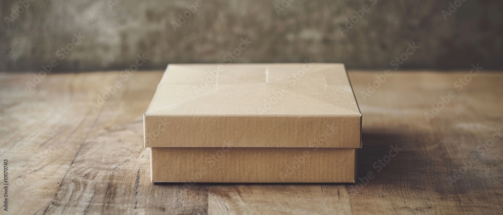 A cardboard box rests on a rustic wooden table, its simple design and neutral color palette suggesting functionality and minimalism. A cardboard box rests on a rustic wooden table, its simple design and neutral color palette suggesting functionality and minimalism.
