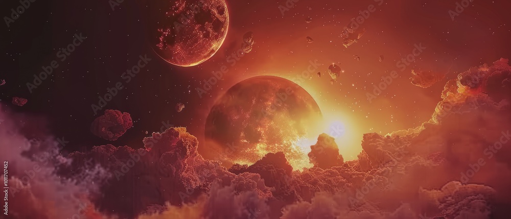 A beautiful, vibrant cosmic scene with two celestial bodies and clouds illuminated by a radiant red sky. A beautiful, vibrant cosmic scene with two celestial bodies and clouds illuminated by a radiant red sky.