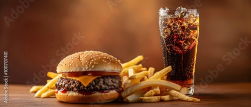 A cheeseburger, fries, and a soda on a wooden table, set against a warm-toned background, embodying the essence of satisfying, delicious fast food. photo