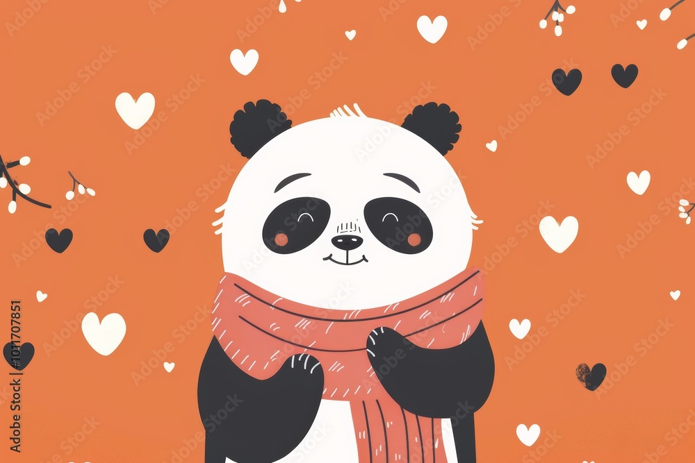 Cute panda with scarf on orange heart background Cute panda with scarf on orange heart background
