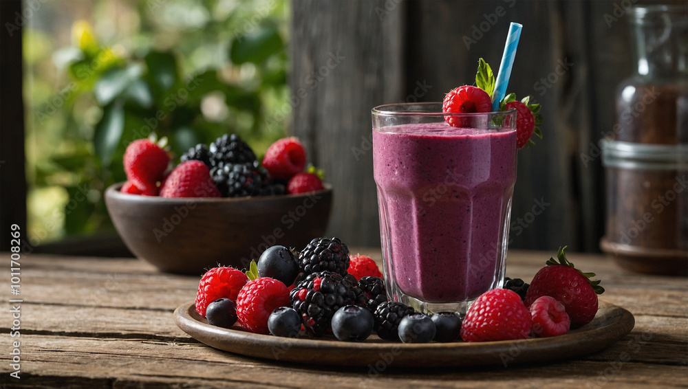 Chilled berry smoothie in a tall glass, garnished with fresh berries and a straw, set on a rustic table. Chilled berry smoothie in a tall glass, garnished with fresh berries and a straw, set on a rustic table.