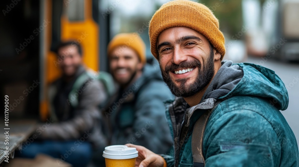 Smiling movers enjoying a coffee break, Generative AI Smiling movers enjoying a coffee break, Generative AI
