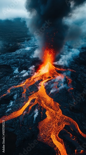 Aerial view of erupting volcano with molten lava flowing down the landscape, surrounded by smoke and ash