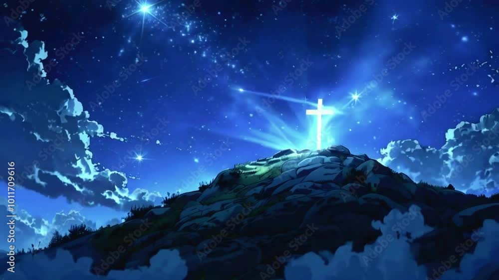 Jesus' tomb glows softly, gradually brighter as clouds and stars swirl above the hill three crosses. gently clouds majestic night sky, 4k Hand-drawn anime-style religious Background Animation Video Jesus' tomb glows softly, gradually brighter as clouds and stars swirl above the hill three crosses. gently clouds majestic night sky, 4k Hand-drawn anime-style religious Background Animation Video