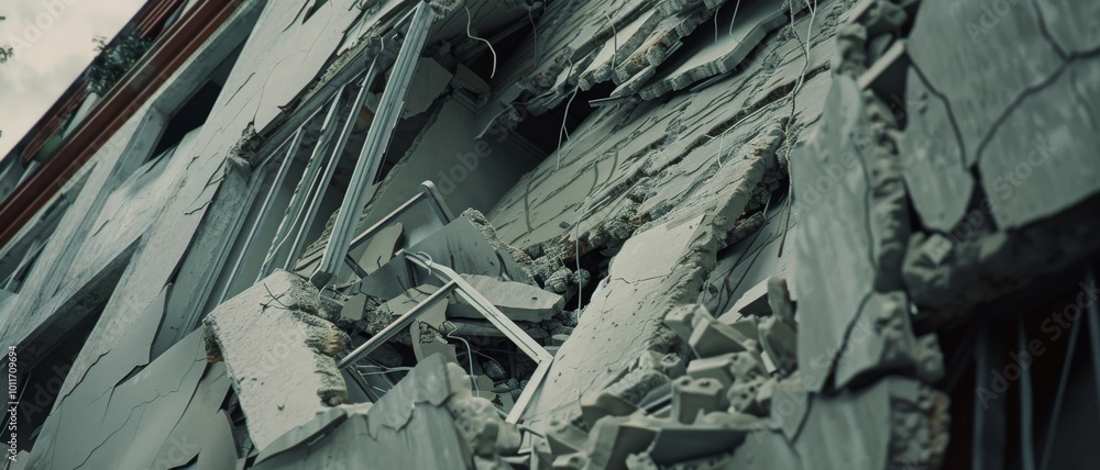A close-up view of a partially collapsed building reveals cracked walls and broken windows, emphasizing structural damage and decay. A close-up view of a partially collapsed building reveals cracked walls and broken windows, emphasizing structural damage and decay.