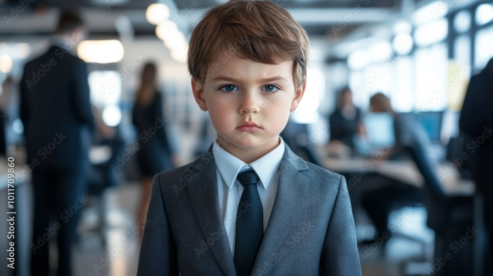 In a lively office filled with professionals, a serious boy in formal attire gazes intently, embodying ambition and focus amidst the activity In a lively office filled with professionals, a serious boy in formal attire gazes intently, embodying ambition and focus amidst the activity