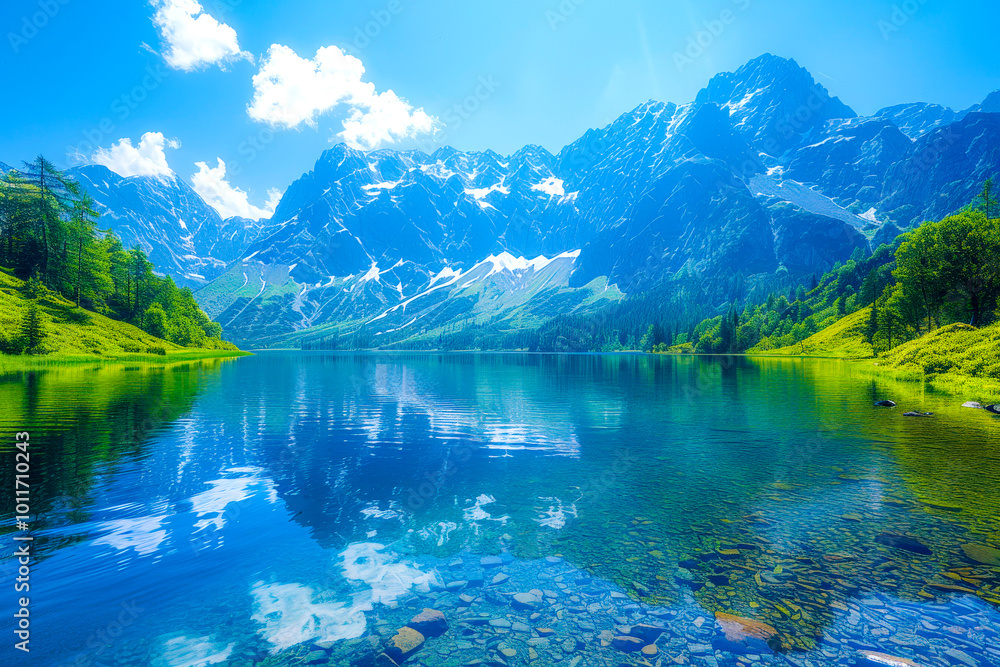 Crystalline alpine lake reflecting towering peaks Crystalline alpine lake reflecting towering peaks