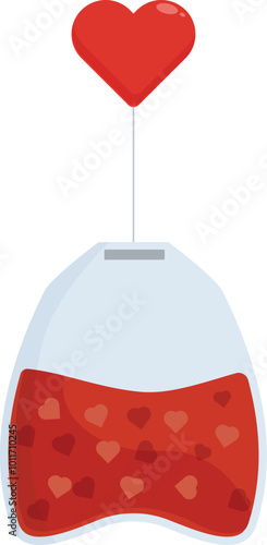 Tea bag filled with hearts and hanging on a string with a heart shape above, perfect for valentine's day or any occasion that calls for a little love