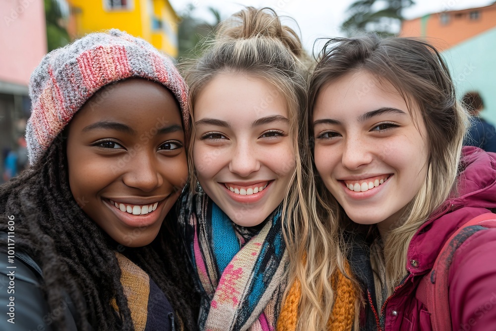 Three young women smile brightly for a photo. Three young women smile brightly for a photo.