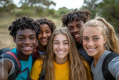 Group of diverse teenagers smiling for a selfie.