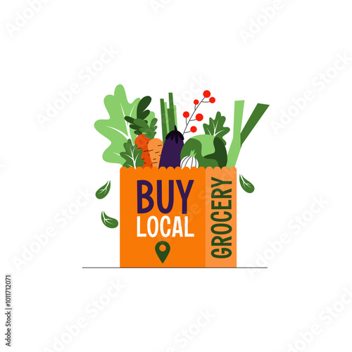 Buy Local with Shopping Bag with Vegetables Isolated on White Background. Vector Illustration of Recyclable Paper Bag with Fresh Food