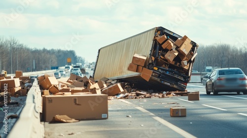 A large truck tipped over, spilling cargo across the busy highway as vehicles slow down to avoid the scattered boxes. Sunlight illuminates the chaotic scene