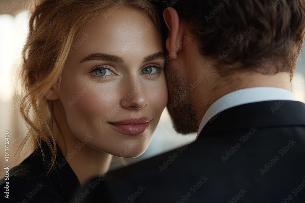 Businesswoman Whispering Into Male Partner's Ear, Generative AI Businesswoman Whispering Into Male Partner's Ear, Generative AI