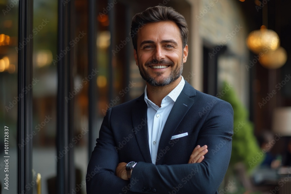 Pleased attractive businessman with positive smile, keeps hands crossed, dressed in formal suit, stands near entrance of his company, rejoices successful day, has appealing look. People, Generative AI Pleased attractive businessman with positive smile, keeps hands crossed, dressed in formal suit, stands near entrance of his company, rejoices successful day, has appealing look. People, Generative AI