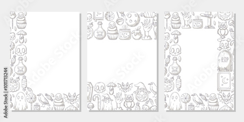 Set of vector halloween vertical a4 poster, space for text. Monochrome upper, bottom, corner border frame with spooky and scary elements. For card, banner, invitation, social media, party or planner.