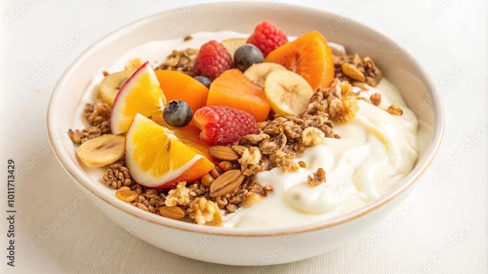 A bowl of yogurt topped with granola, fruit, and almonds. A bowl of yogurt topped with granola, fruit, and almonds.