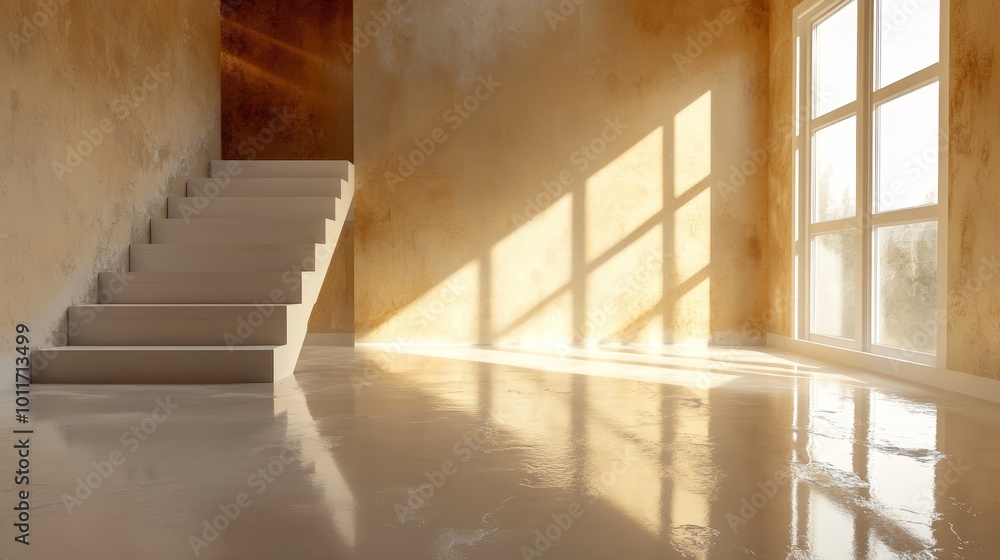 Obraz premium Empty Room with Wet Floor Being Waterproofed with Sunlight Streaming Through Windows