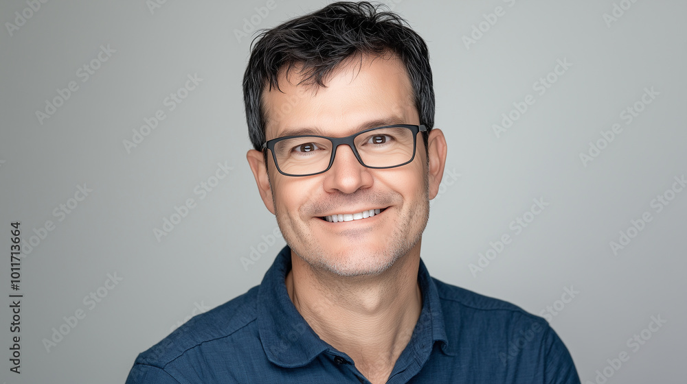 Portrait of a Smiling Middle-Aged Man in Blue Shirt
Portrait of a Smiling Middle-Aged Man in Blue Shirt