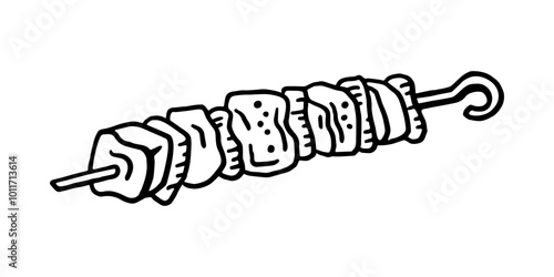 meat and vegetables on a skewer, linear illustration