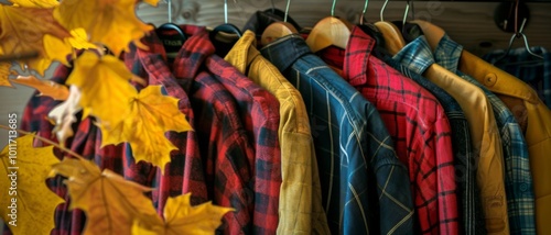 Colorful array of plaid shirts in a wardrobe, interspersed with fall leaves, capturing a cozy, rustic atmosphere perfect for autumn. photo