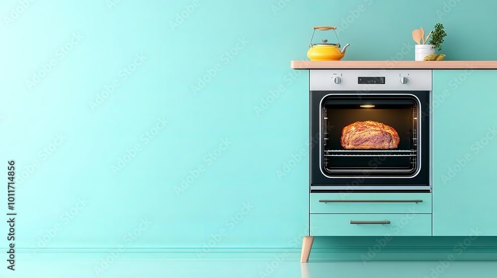 A double oven setup with one oven open, revealing a delicious roast, isolated on a soft blue background, highlighting the convenience of cooking multiple dishes at once. A double oven setup with one oven open, revealing a delicious roast, isolated on a soft blue background, highlighting the convenience of cooking multiple dishes at once.