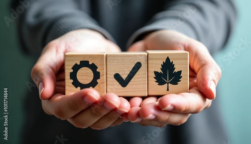 Wallpaper Mural Hand Holding Wooden Blocks with Icons Symbolizing Manufacturing, Approval, and Sustainability in Concepts of Business and Innovation Torontodigital.ca