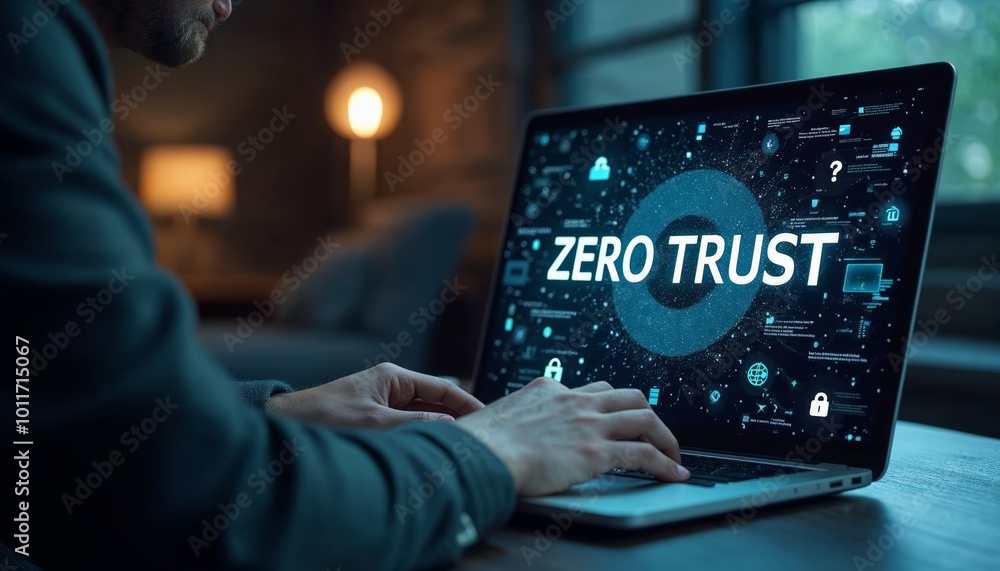 Hands Typing on Laptop Displaying 'ZERO TRUST' Text for Cybersecurity Awareness Hands Typing on Laptop Displaying 'ZERO TRUST' Text for Cybersecurity Awareness