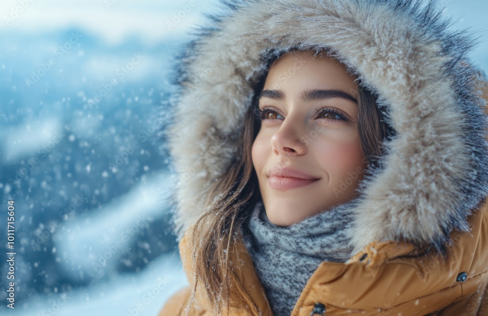 Beautiful Smiling Woman in Warm Jacket on Mountain Beautiful Smiling Woman in Warm Jacket on Mountain
