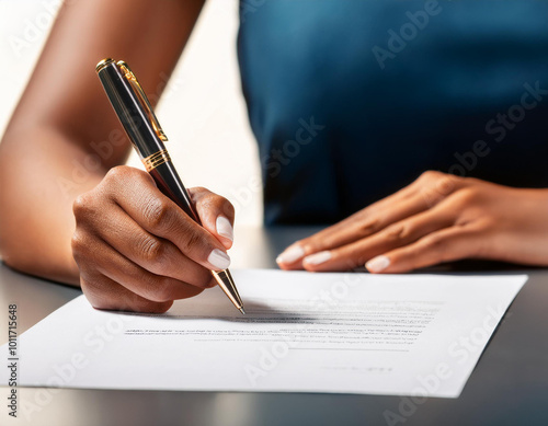 Primer plano de una mano y boligrafo escribiendo y firmando un documento photo