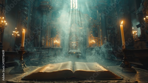 Soft candlelight flickers around an ancient book on a table, casting shadows in a majestic cathedral, with ethereal mist drifting through the air photo