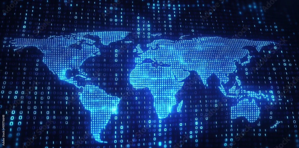 A glowing blue digital world map with a binary code background. A glowing blue digital world map with a binary code background.