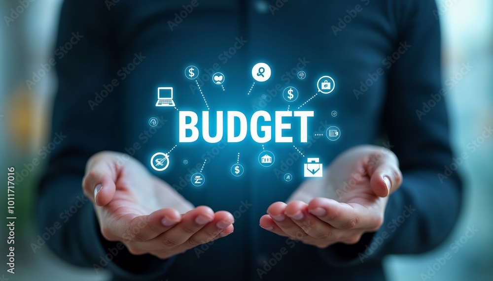 Hands Holding Glowing Budget Text Surrounded by Financial Icons for Budgeting and Financial Management Concepts Hands Holding Glowing Budget Text Surrounded by Financial Icons for Budgeting and Financial Management Concepts