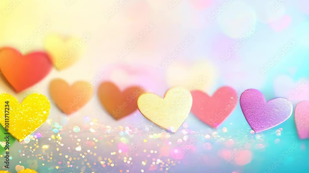 Colorful paper hearts on a pastel background with sparkling bokeh. Love and celebration concept Colorful paper hearts on a pastel background with sparkling bokeh. Love and celebration concept