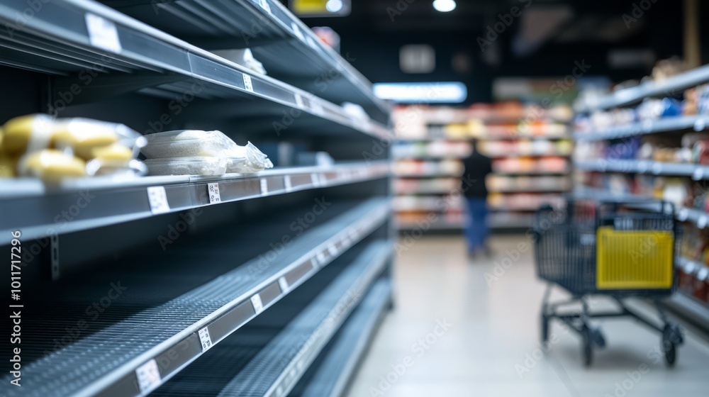 Obraz premium Amid a bustling grocery store, shelves display sparse supplies as shoppers navigate aisles, emphasizing a surge in demand for essential goods