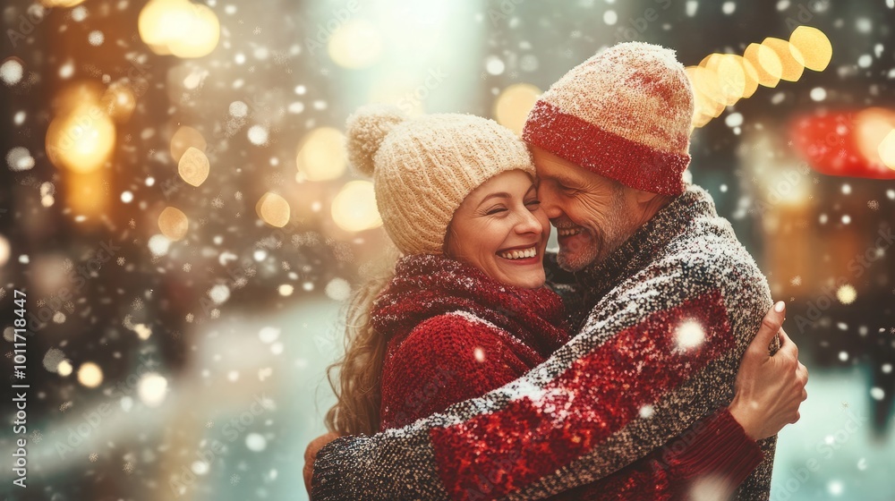 Happy Mature Couple Laughing Wearing Winter Clothes on a Snowy Day Happy Mature Couple Laughing Wearing Winter Clothes on a Snowy Day