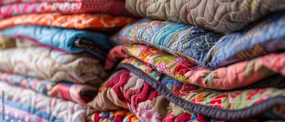 A neatly stacked pile of vibrant, intricately patterned quilts, showcasing a spectrum of colors and textures. A neatly stacked pile of vibrant, intricately patterned quilts, showcasing a spectrum of colors and textures.