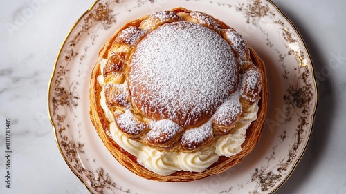 Gâteau Saint-Honoré: A delectable pastry masterpiece. Flaky puff pastry, creamy Chantilly cream, and a dusting of powdered sugar create a symphony of textures and flavors.   photo