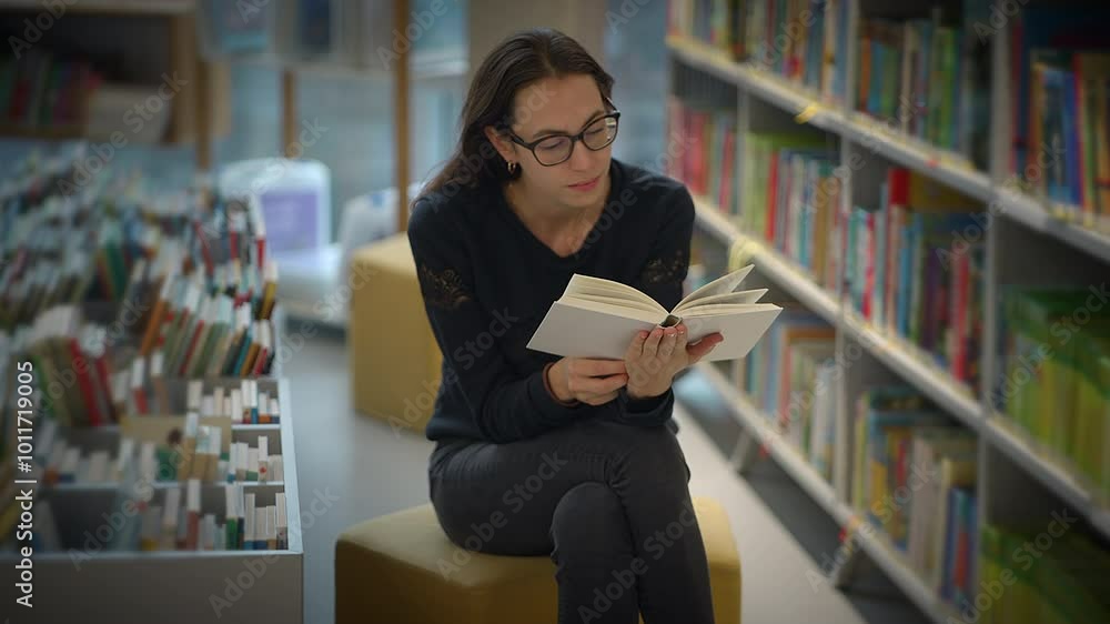 A young reader is completely engrossed in an exciting book while sitting in the library A young reader is completely engrossed in an exciting book while sitting in the library