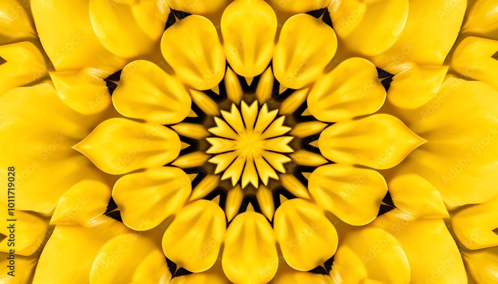 Fototapeta premium A gentle kaleidoscope design with soft, petal-like shapes in shades of yellow and gold, arranged in circular symmetry.