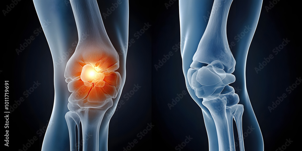 Crystal-clear image of healthy knees next to a depiction of arthritic discomfort, highlighting resilience, knees Crystal-clear image of healthy knees next to a depiction of arthritic discomfort, highlighting resilience, knees