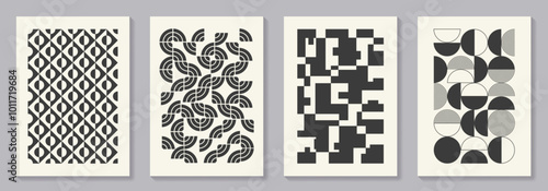 Retro set of black and white geometric vector pattern minimal posters with 20s geometric design. Trendy bauhaus pattern background for cover design, poster and interior.