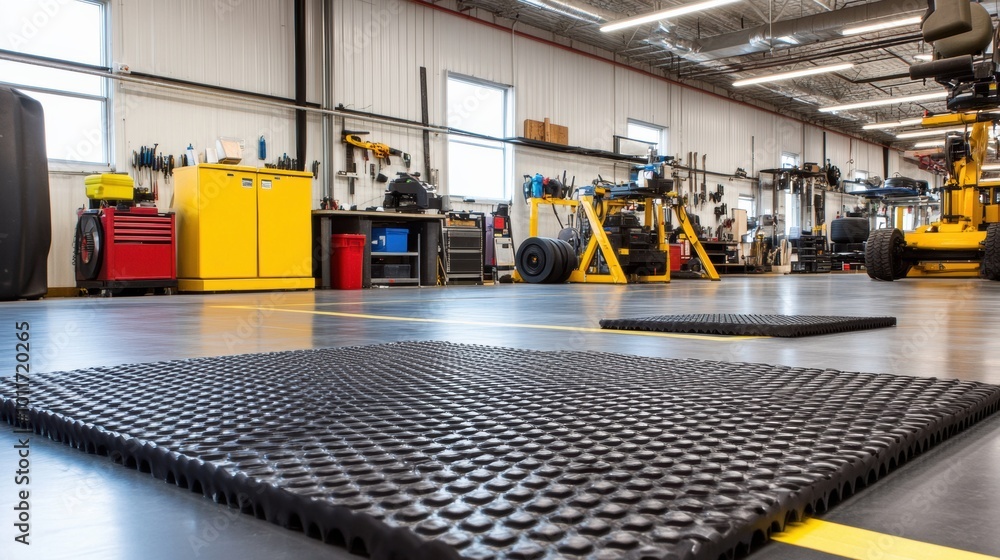 Industrial Workshop with Rubber Mats and Equipment Industrial Workshop with Rubber Mats and Equipment
