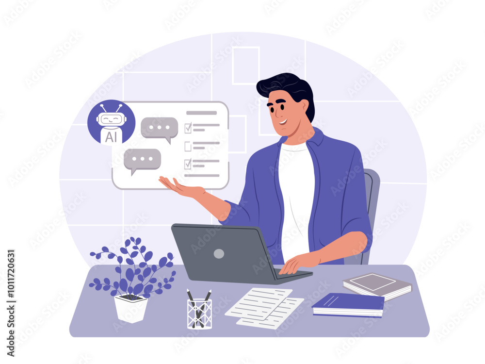 Person uses artificial intelligence to solve business problems. Search, writing and content generation using a chat bot. AI technology concept. Vector flat illustration Person uses artificial intelligence to solve business problems. Search, writing and content generation using a chat bot. AI technology concept. Vector flat illustration